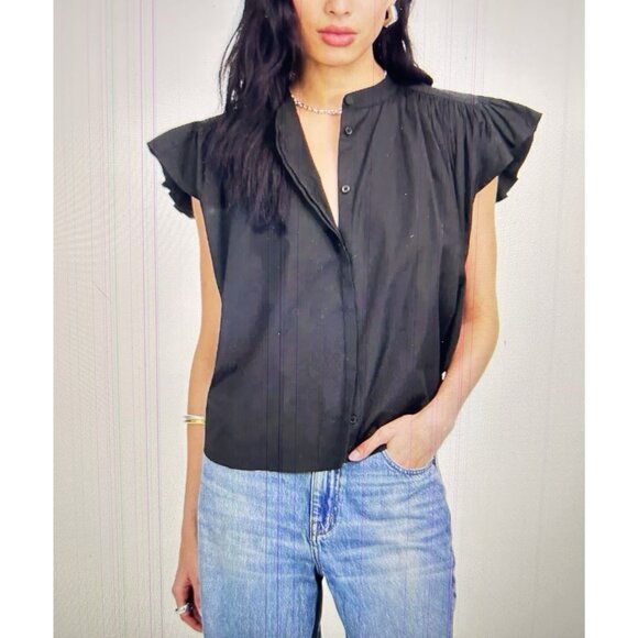 Madewell Tops - Madewell Poplin Shirred Button-Up Shirt Black Ruffle Sleeve Relaxed Fit Size XL